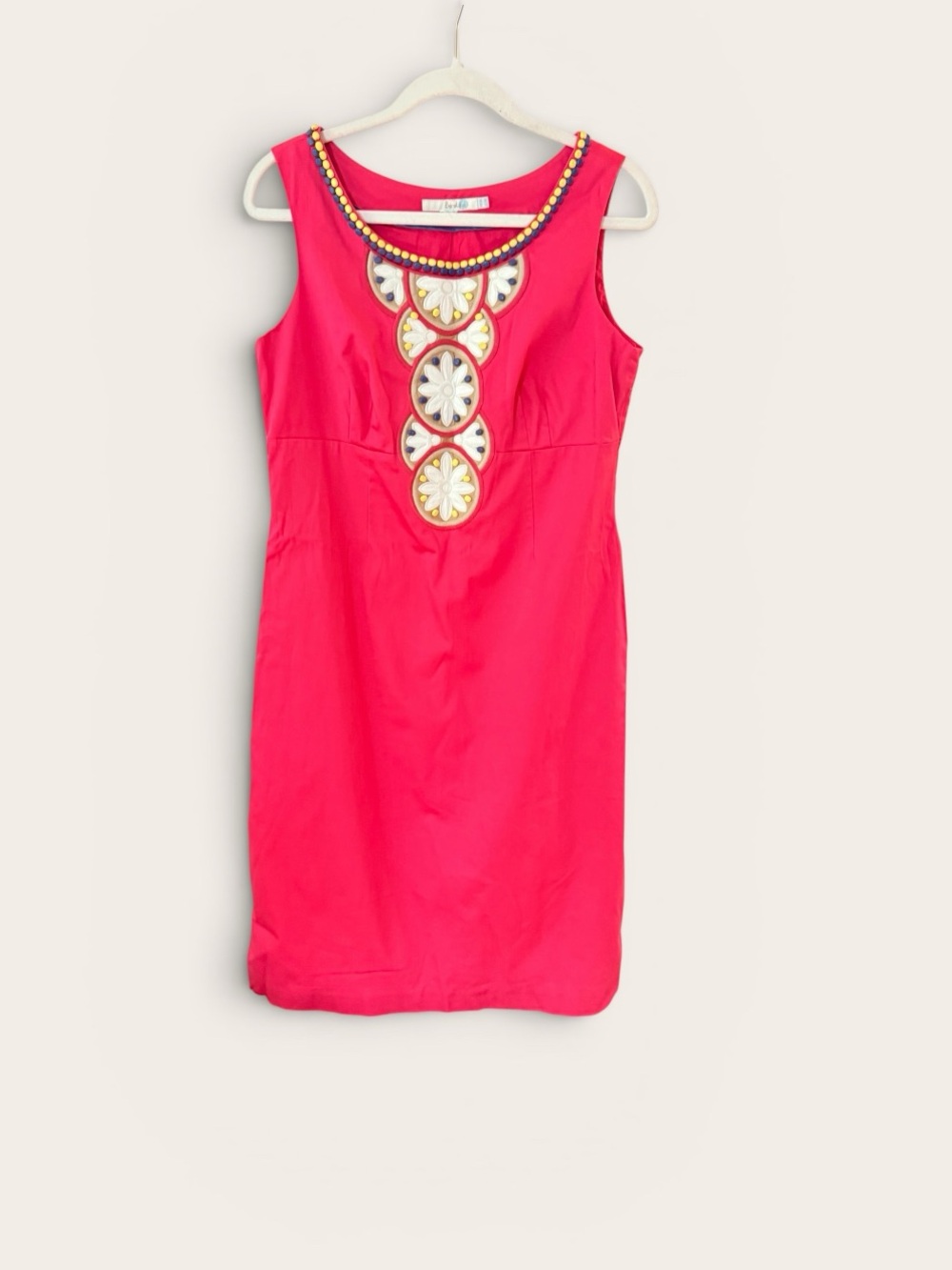 Boden Pink Embroidered Floral Bib Beaded Shift Dress Womens 10 Long